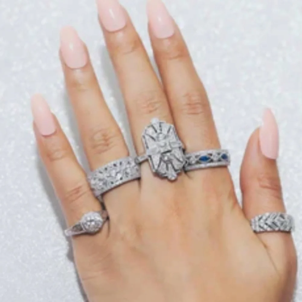 Sterling Silver + Crystal CZ Statement Art Deco Milgrain Cocktail Ring - Picture 8 of 9